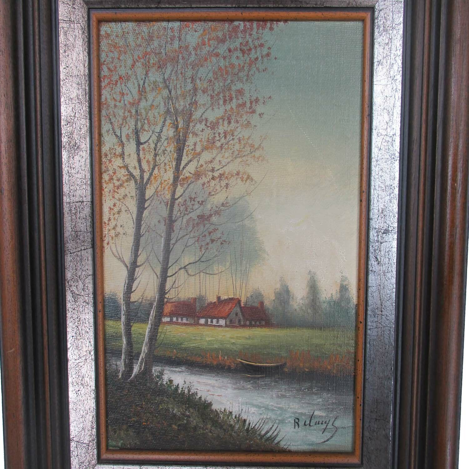 Small Lovely Oil Painting On Canvas Framed Landscape Polder Signed  R. Cluys photo furniture