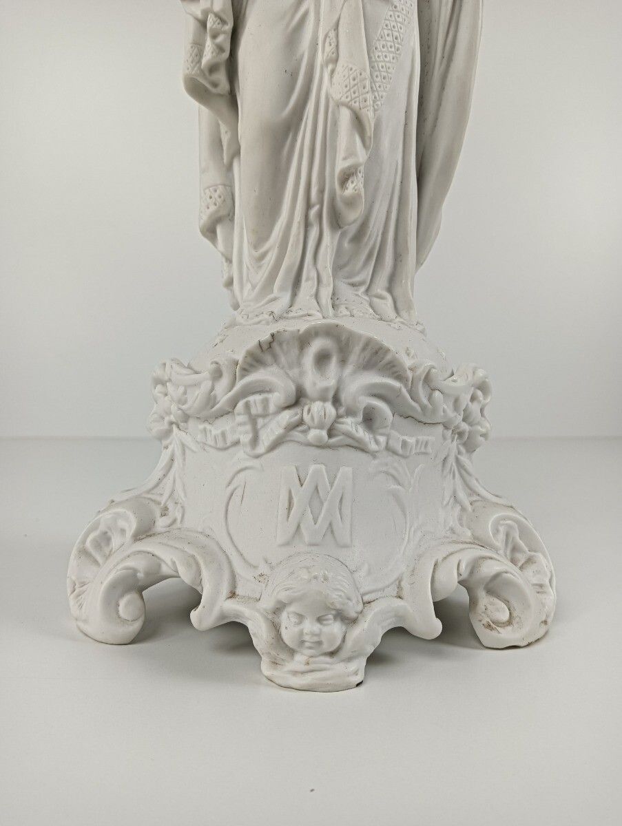 Antique Gorgeous Statue Figurine Bisque Porcelain Virgin Mary Flower Crown Franc photo Art