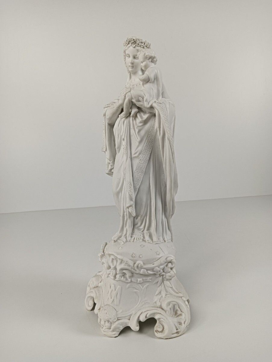photo for sale Antique Gorgeous Statue Figurine Bisque Porcelain Virgin Mary Flower Crown Franc