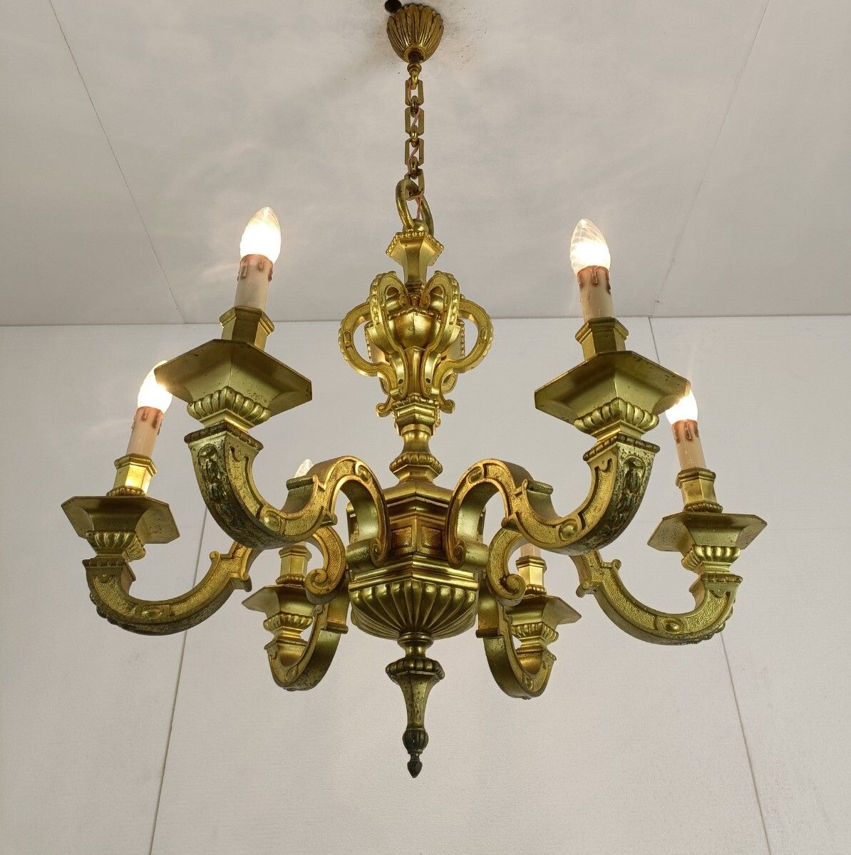 Antique Mazarin Chandelier Gilded Bronze 6 Lights Arms Baroque Style France photo for sale