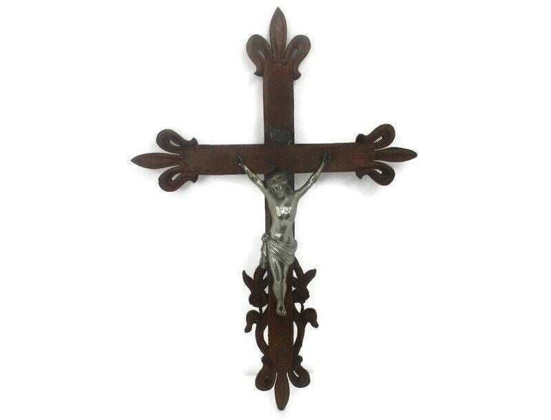 Large Hand Carved Wood French Hanging Ornate Crucifix Jesus Christ Fleur De Lis