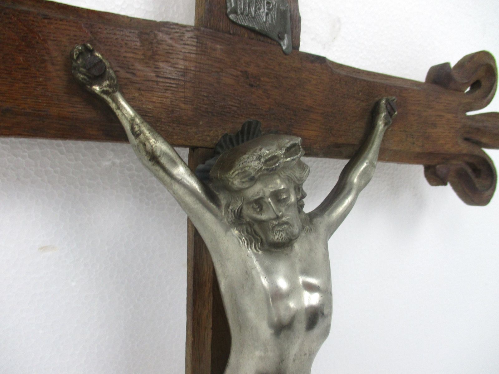 Large Hand Carved Wood French Hanging Ornate Crucifix Jesus Christ Fleur De Lis photo 244.0