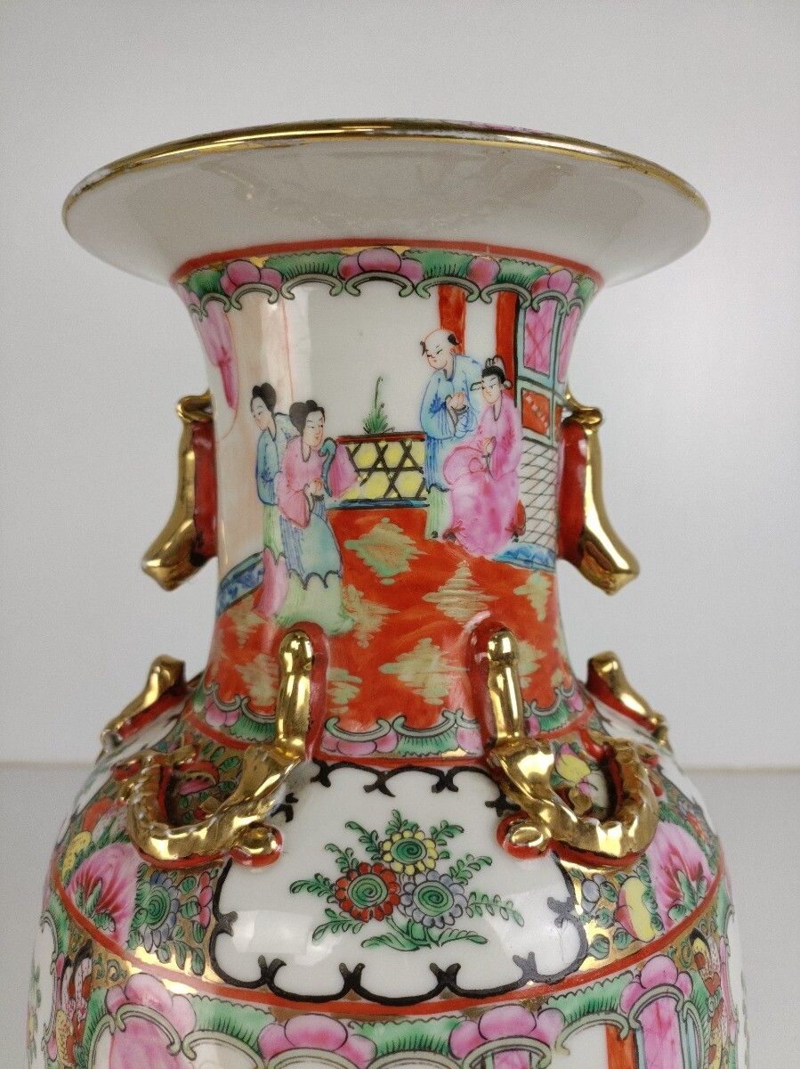Vintage Chinese Canton Vase Family Rose Foo Dogs Beautiful Scenery 70s photo vinterior