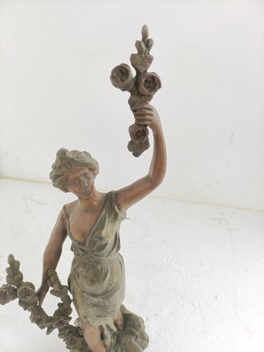 Statue Faux Copper Spelter Female With Flowers Roses Art Deco Style Figurine photo furniture