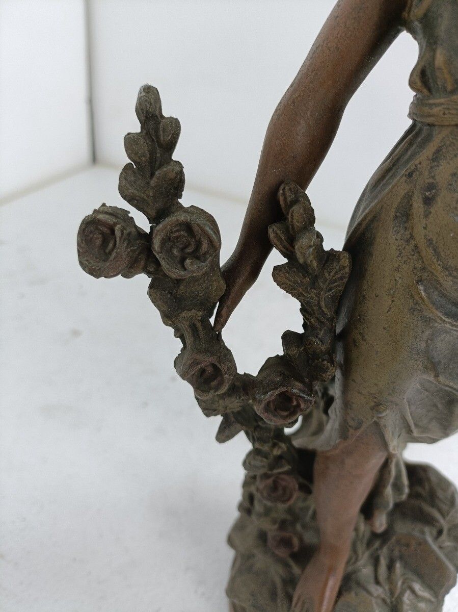 Statue Faux Copper Spelter Female With Flowers Roses Art Deco Style Figurine photo for sale