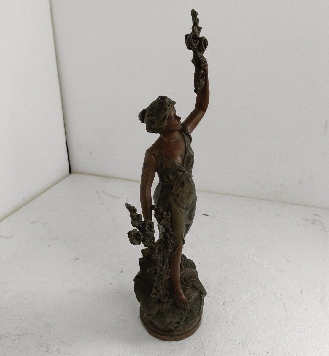 Statue Faux Copper Spelter Female With Flowers Roses Art Deco Style Figurine photo 223.0