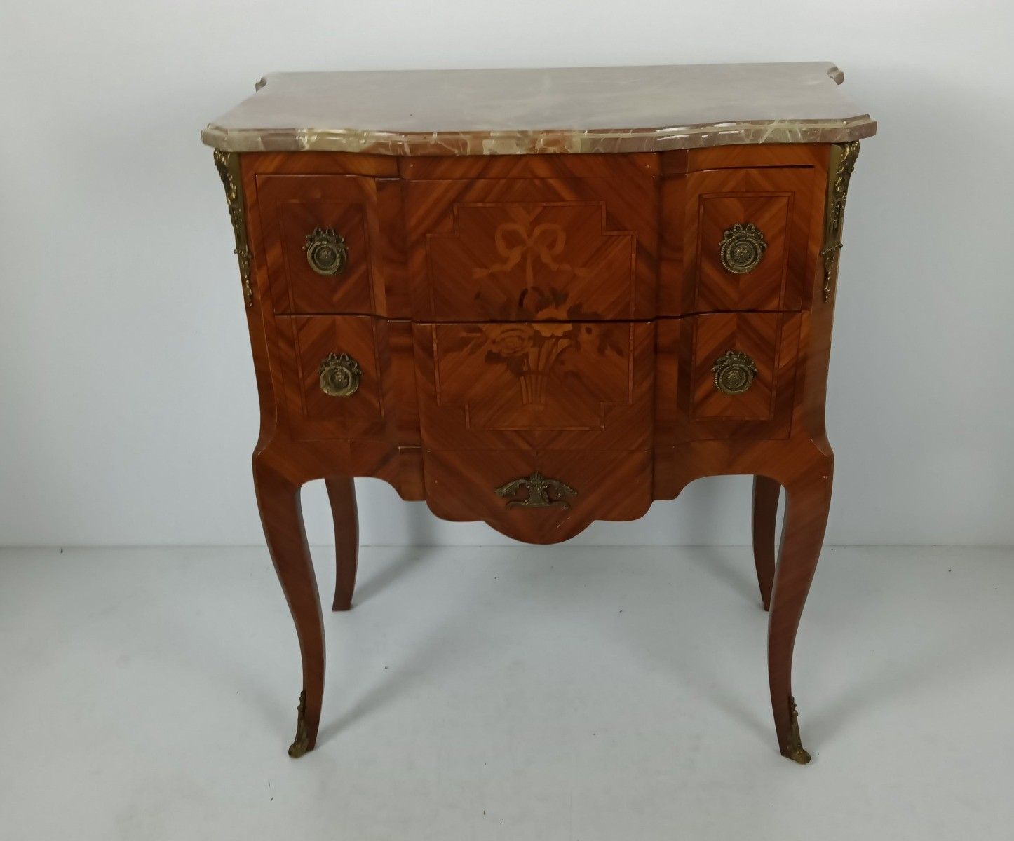 Cabinet Wood Marble Top Inlay Marquetry Brass Trims Commode End Table Vintage Wo photo furniture