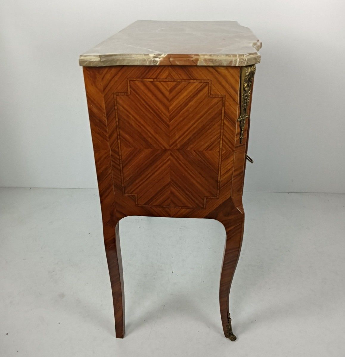 Cabinet Wood Marble Top Inlay Marquetry Brass Trims Commode End Table Vintage Wo photo Furniture