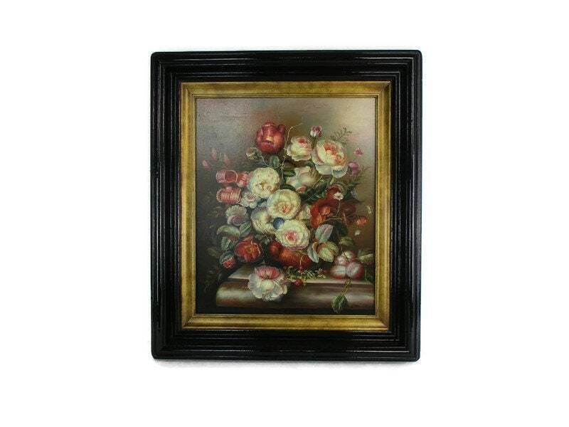 Oil Painting Canvas Wooden Frame Gorgeous Stillife Flowers Vase Signed