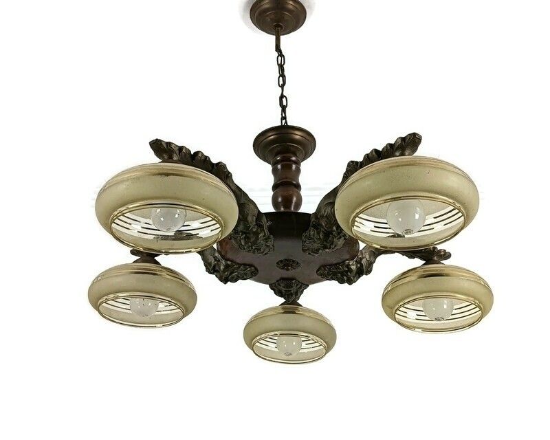 Art Deco Chandelier Fixture Art Glass Ufo Shades Bronze Wood 5 Lights Antique