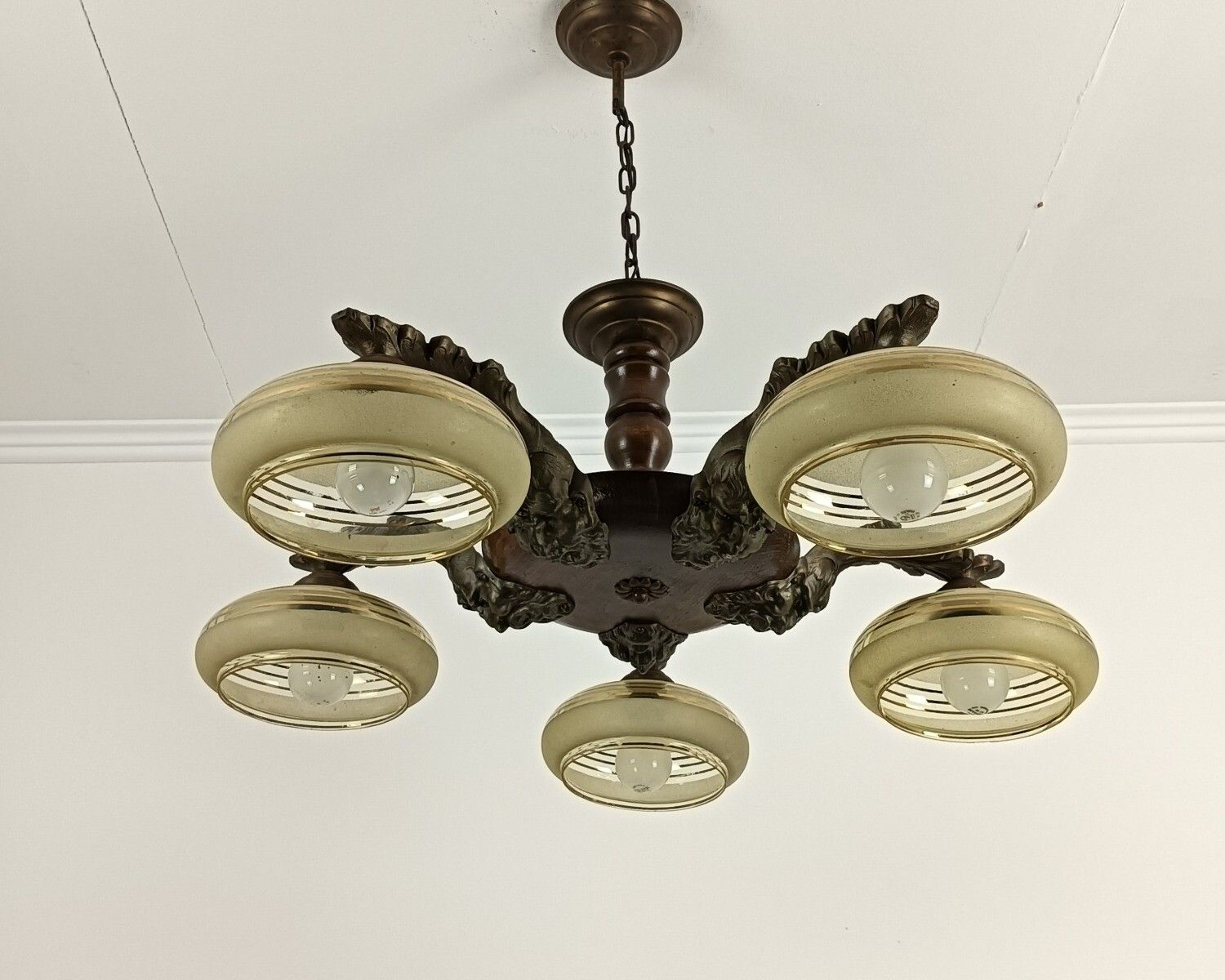 Art Deco Chandelier Fixture Art Glass Ufo Shades Bronze Wood 5 Lights Antique photo for sale