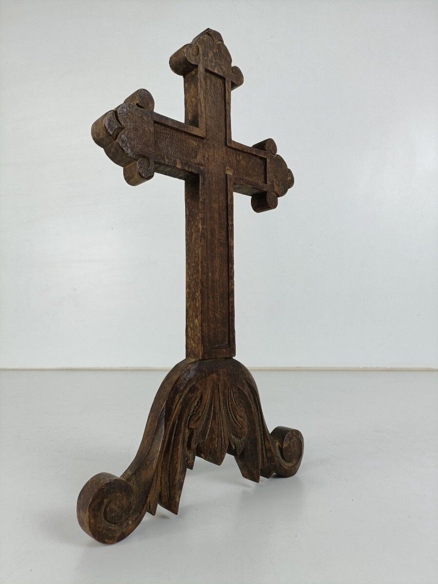 Standing Antique Hand  Carved Wooden Desk Table Crucifix 19th Century French photo for sale