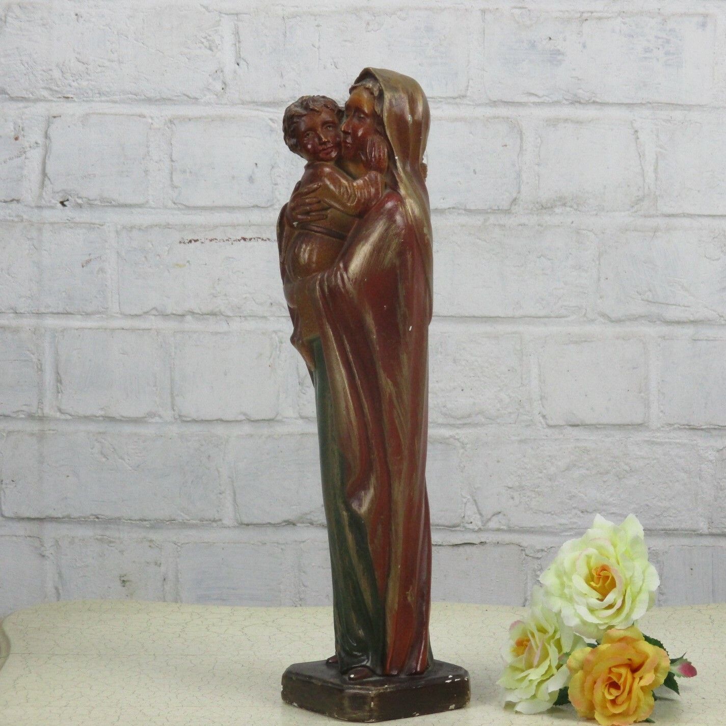 Polychrome Statue Madonna  Holy Mother Virgin Mary Infant Child Tenderness 15.7" photo furniture