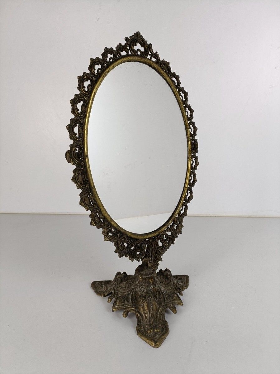 Rococo Ornate Brass Standing Adjustable Swivel Makeup Vanity Mirror Frame Swivel photo Home Decor