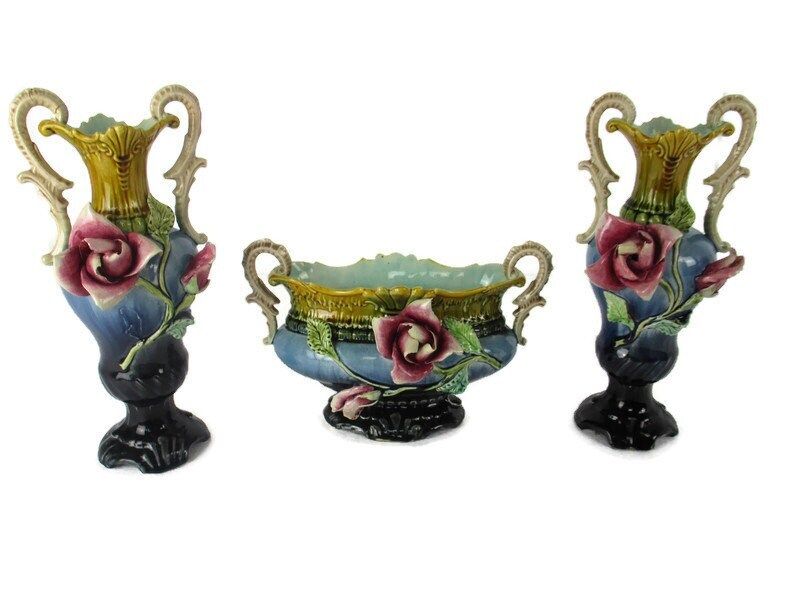 Set Of 3 French Barbotine Majolica Vases Planters Centerpiece Pitchers Art Nouve