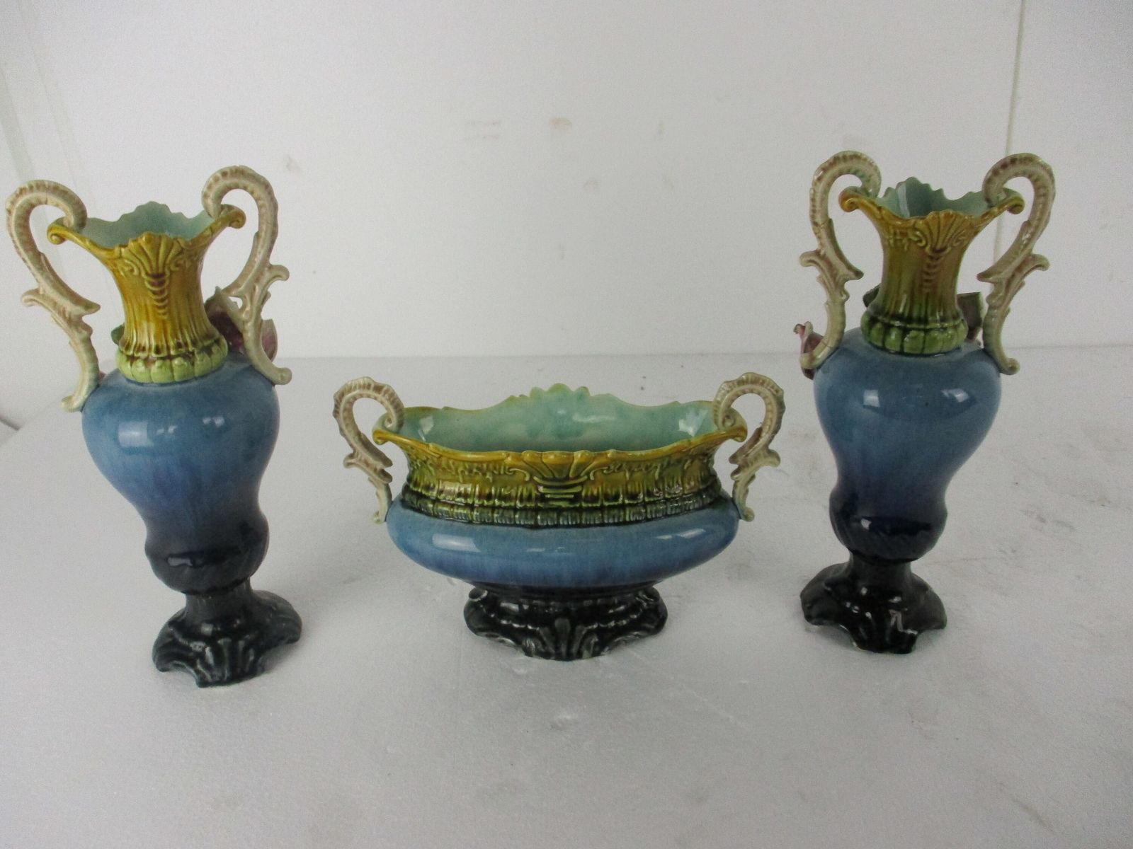 photo furniture Set Of 3 French Barbotine Majolica Vases Planters Centerpiece Pitchers Art Nouve