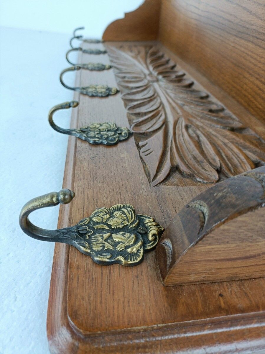 Hand Carved Wood Coat Hat Kitchen Hallway Rack Antique Heavy Beautiful photo 323.0