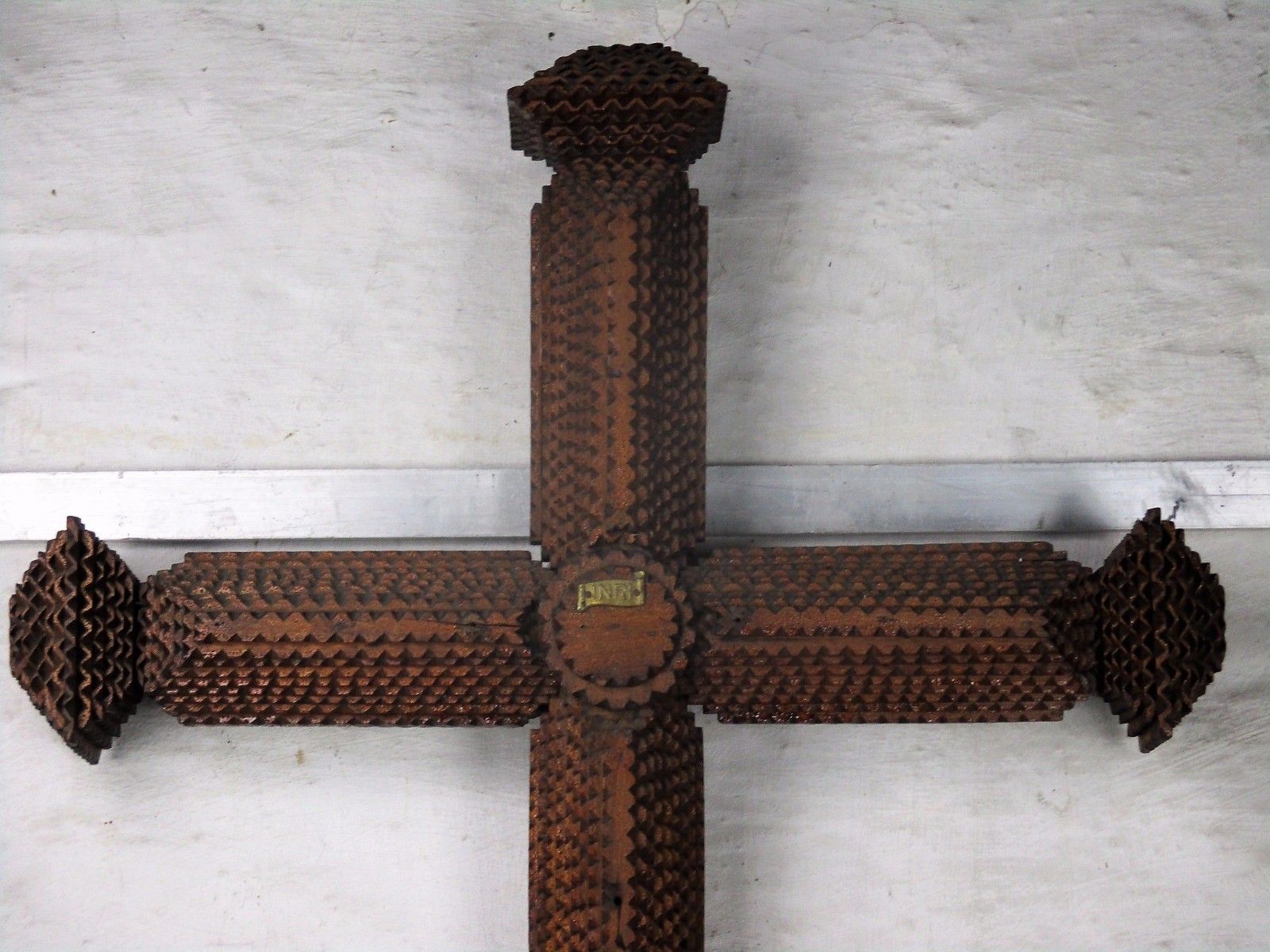 Xxxl Hanging Wooden Wall Crucifix Cross Folk Tramp  Church Art Extremely Htf 42" photo for sale