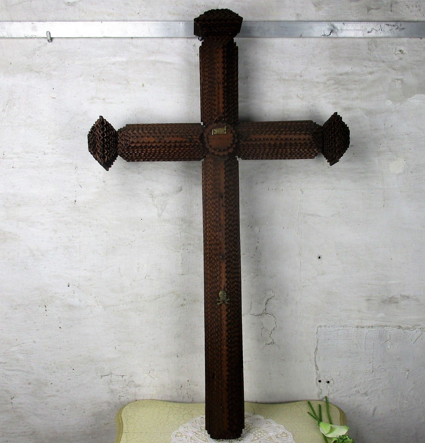 Xxxl Hanging Wooden Wall Crucifix Cross Folk Tramp  Church Art Extremely Htf 42" photo buy
