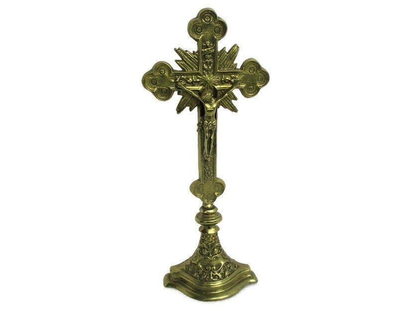 French Standing Altar Church Chapel Crucifix Cross Ornate Brass Fleur De Lis Bea