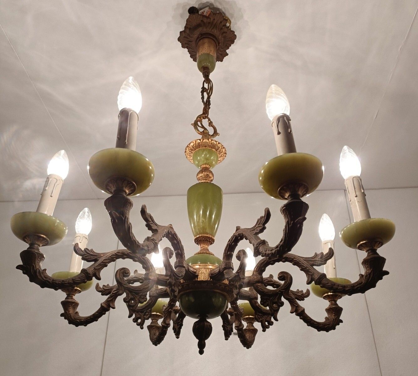 Chandelier 8 Arms Lights Hollywood Regency Brass Faux Marble Chandelier Vintage photo furniture