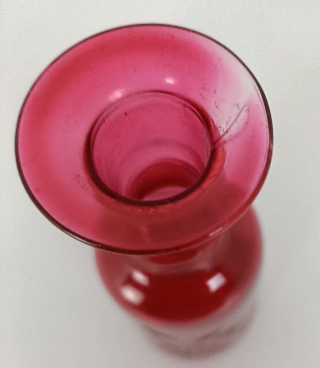 Etched Glass Red Small Bottle Vase Fox Bird Landscape Vintage Lovely photo for sale