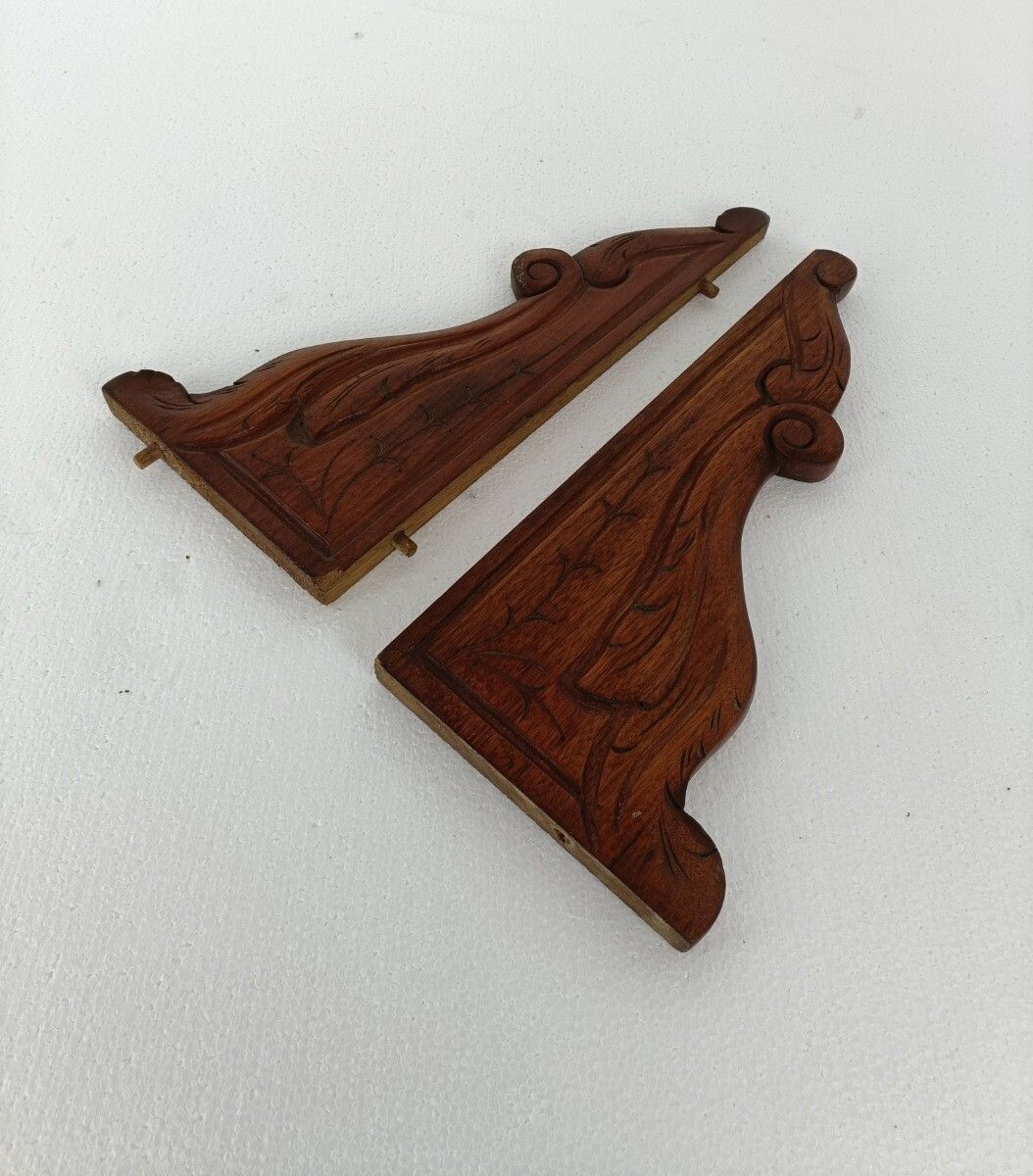 Pair French Corbels Hand Carved Wood  Pediment Ornate Finial Architectural Brack photo for sale