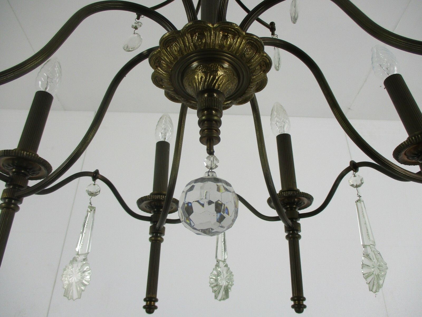 Chandelier 8 Lights Arms  Hollywood Regency Spelter Chandelier Crystal Prisms photo Lighting