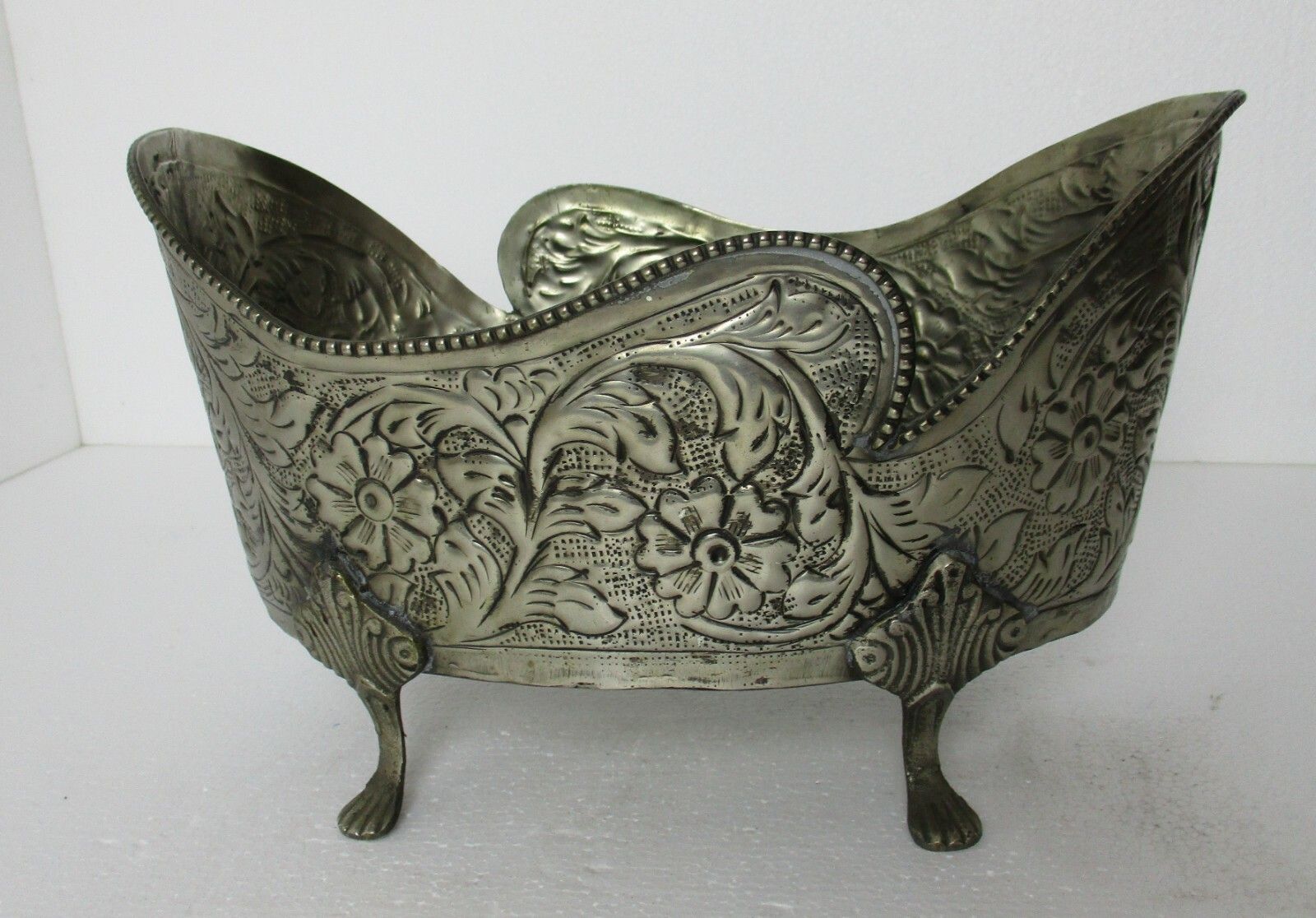 Faux Brass Spelter Planter Jardinière Ornate Embossed Centerpiece Legged Flowers photo furniture
