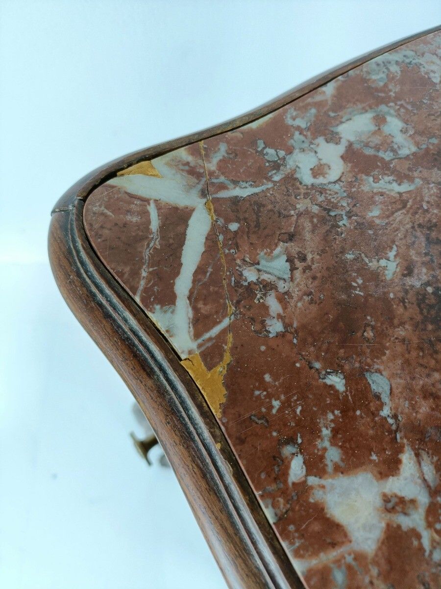 Furniture Cabinet Side Table Nightstand Queen Anne Style Art Deco Wood Marble Top Antique photo