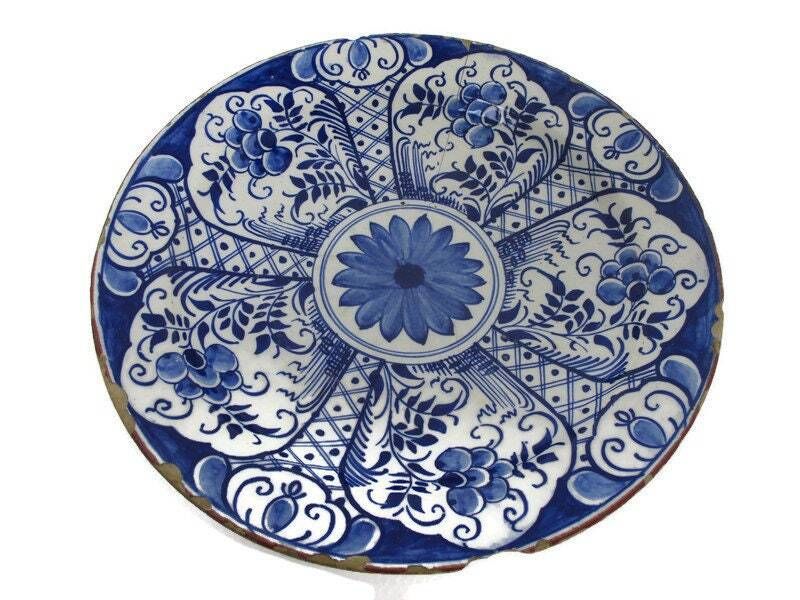 19th Century Delft Wall Hanging Charger Plate Blue White Antique Flower Pattern