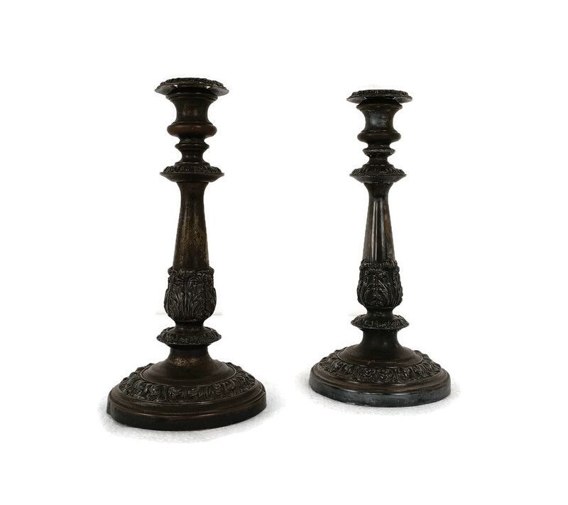Pair Couple Silver Plated Antique 19th Century Red Copper Candle Holders Sticks