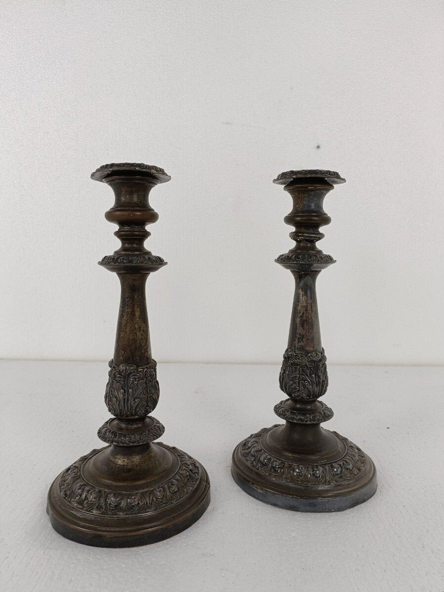 Pair Couple Silver Plated Antique 19th Century Red Copper Candle Holders Sticks photo furniture