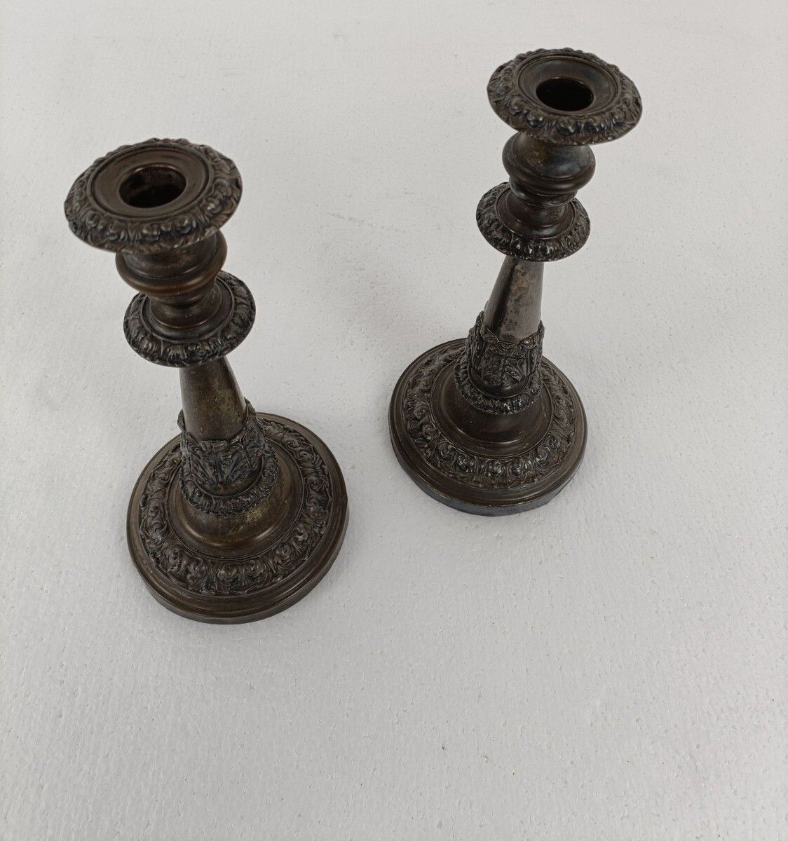 Pair Couple Silver Plated Antique 19th Century Red Copper Candle Holders Sticks photo Home Decor