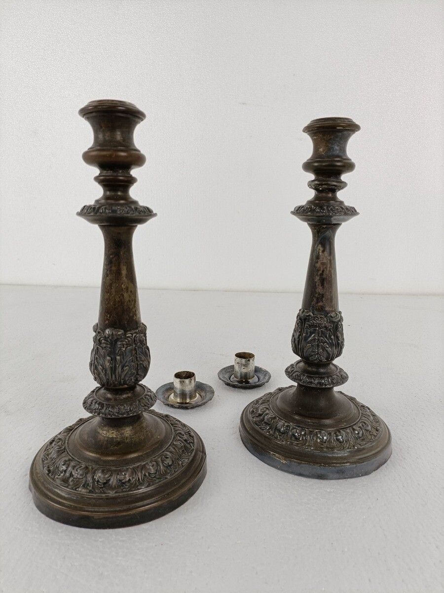 Pair Couple Silver Plated Antique 19th Century Red Copper Candle Holders Sticks photo 364.0