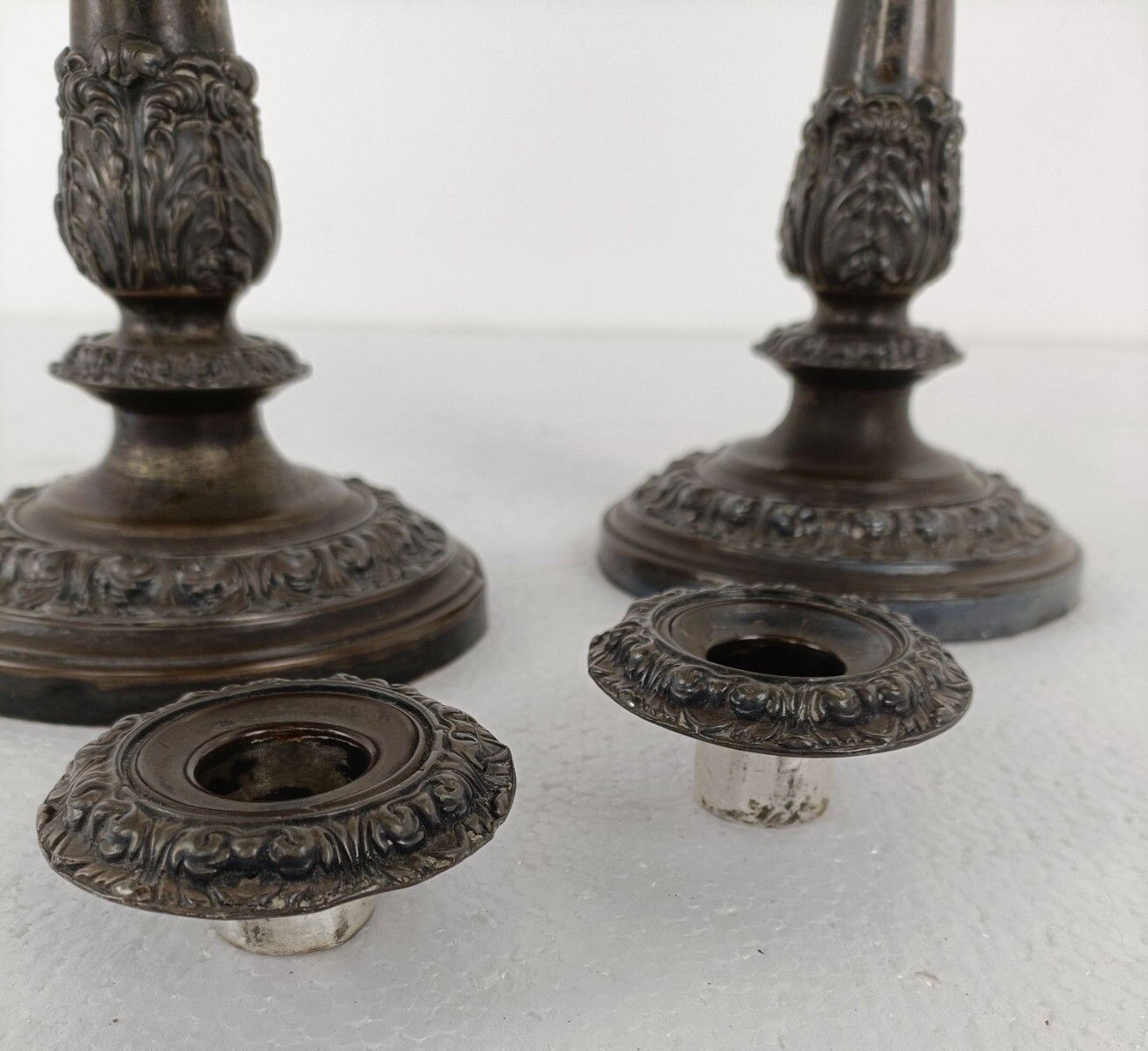 Pair Couple Silver Plated Antique 19th Century Red Copper Candle Holders Sticks photo buy