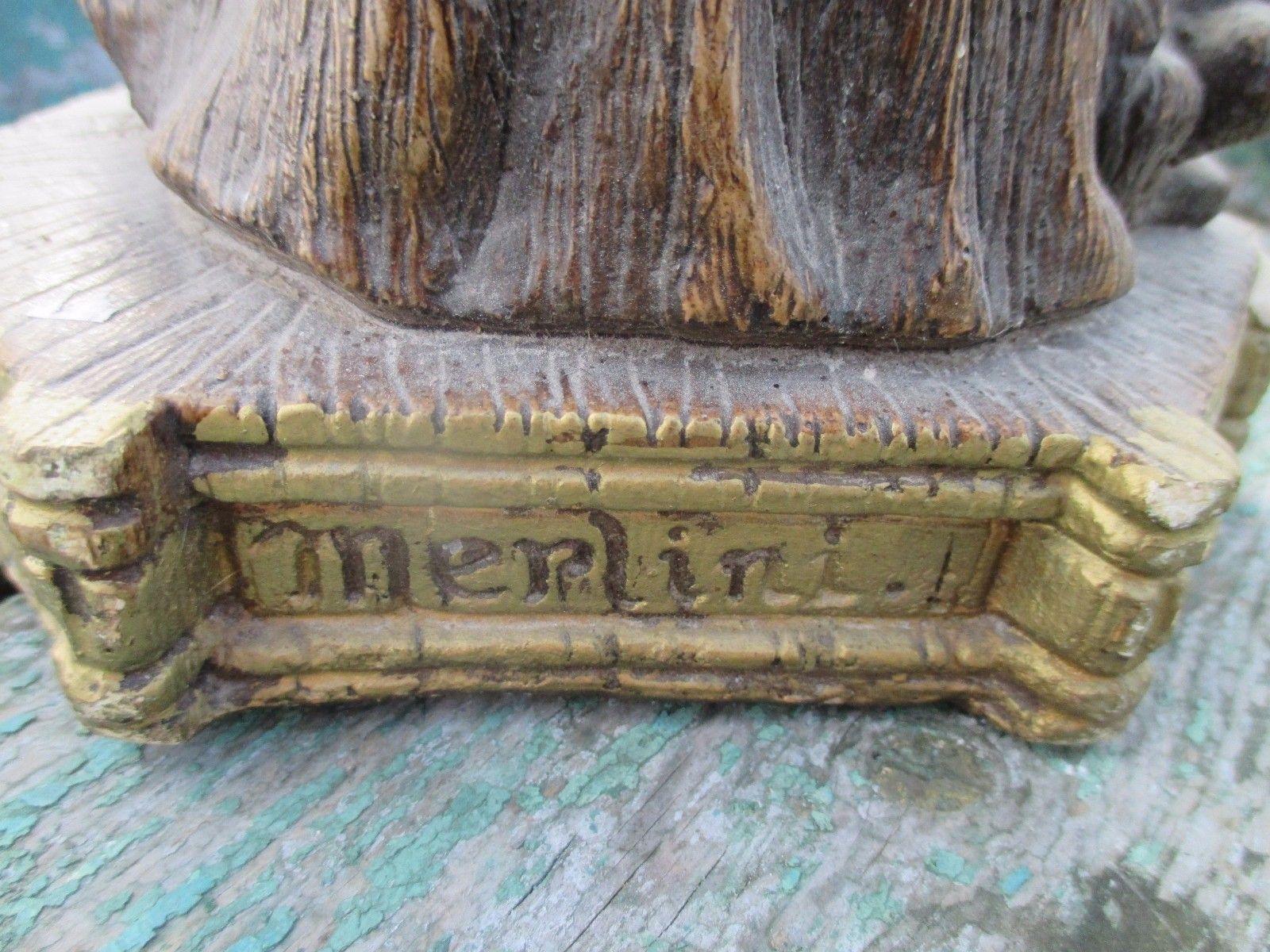 Vintage Virgin Mary Madonna With Child Plaster Brown Statuette Lion Dog Merlini photo vintage