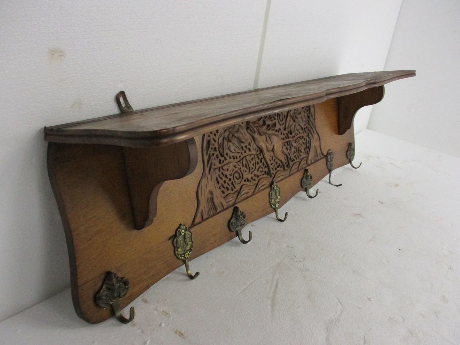 Gorgeous Vintage Hand Carved Wood Coat Kitchen Hat Rack Mid Century Small Deer photo vinterior