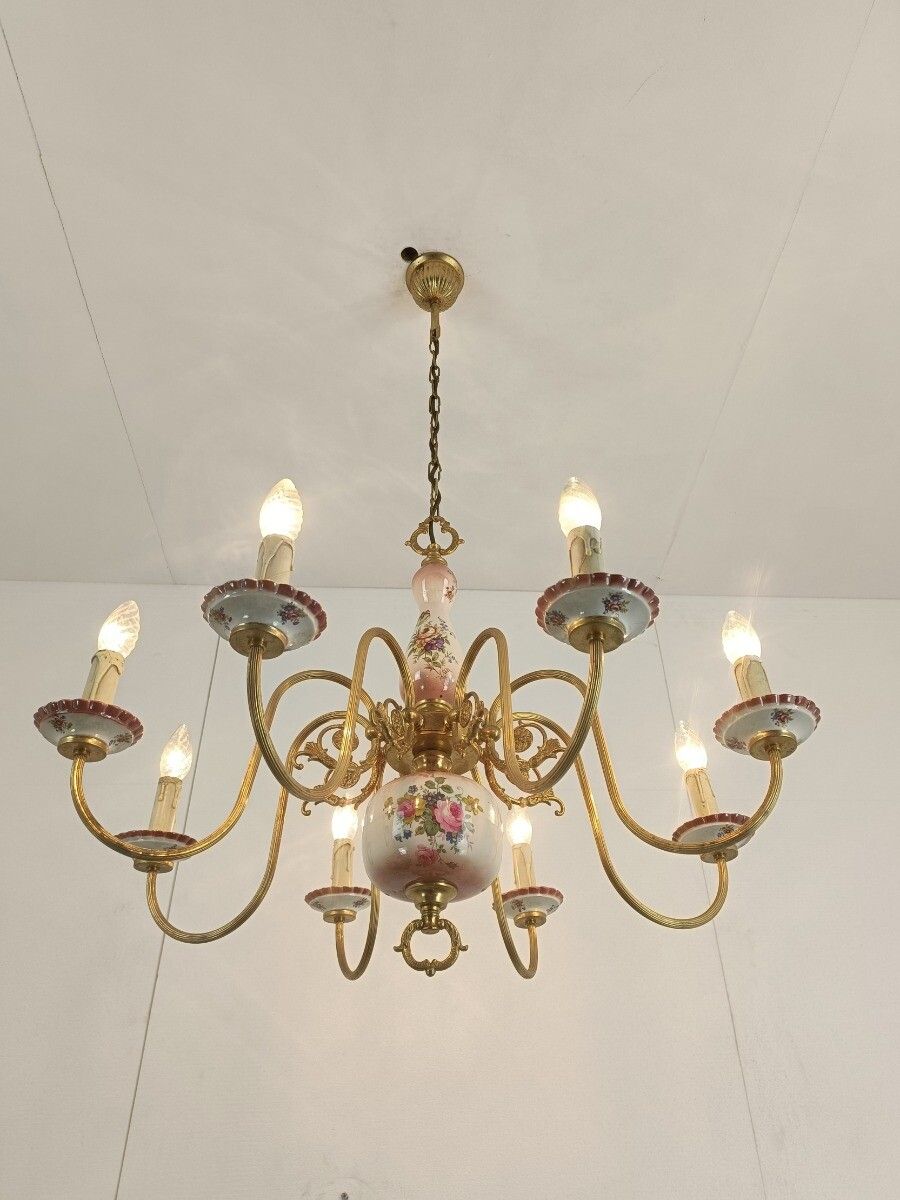 Chandelier 8 Arms Lights Ceramic Porcelain Ceramic Brass Italian Pink Flowers photo for sale