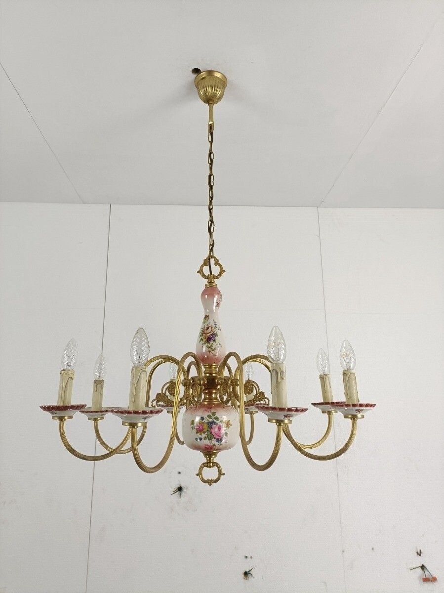 Chandelier 8 Arms Lights Ceramic Porcelain Ceramic Brass Italian Pink Flowers photo 384.0