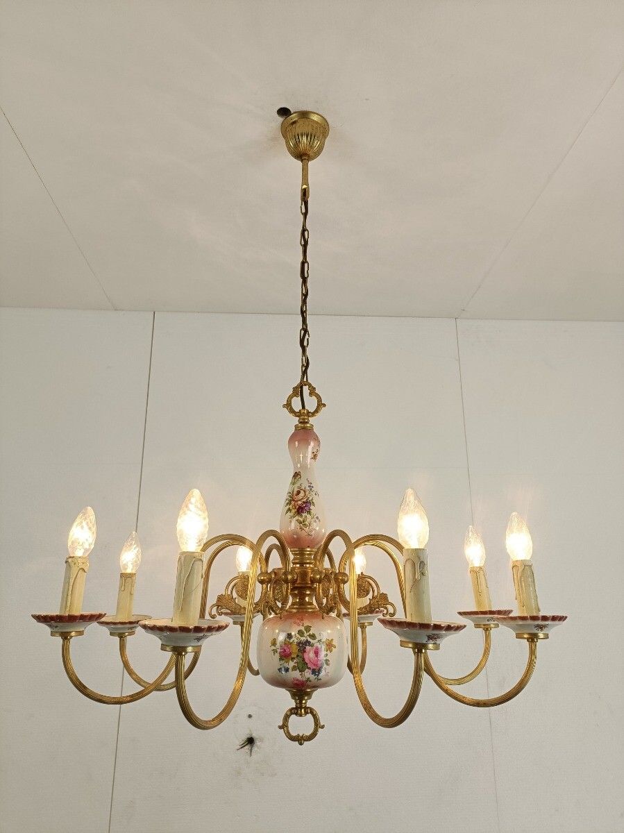 Chandelier 8 Arms Lights Ceramic Porcelain Ceramic Brass Italian Pink Flowers photo vinterior