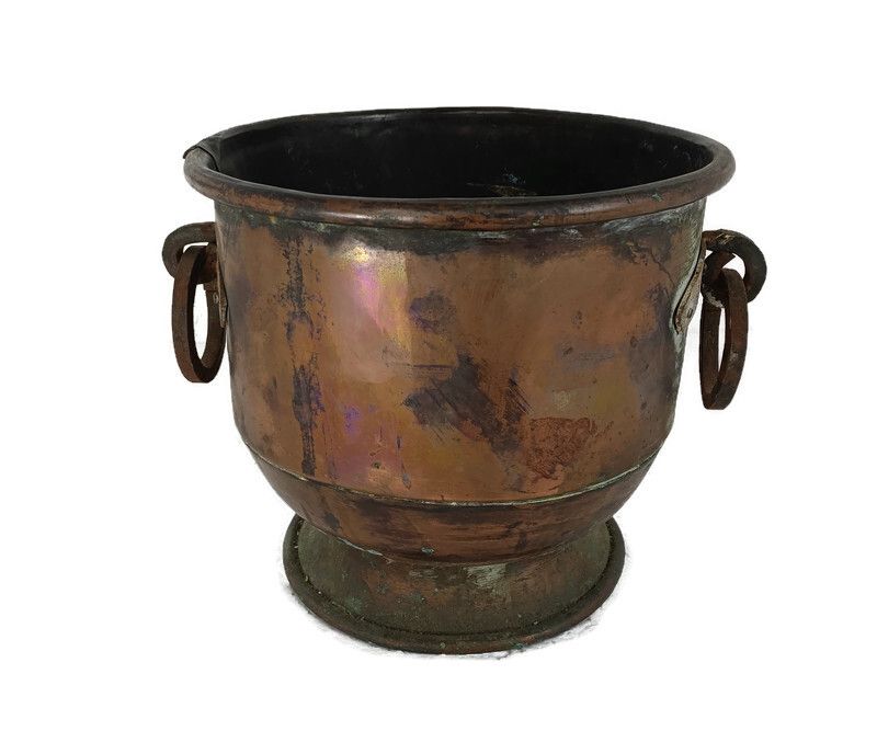 Antique Large Kettle Flower Pot Planter Handles Iron Trims Large Copper Rustic B