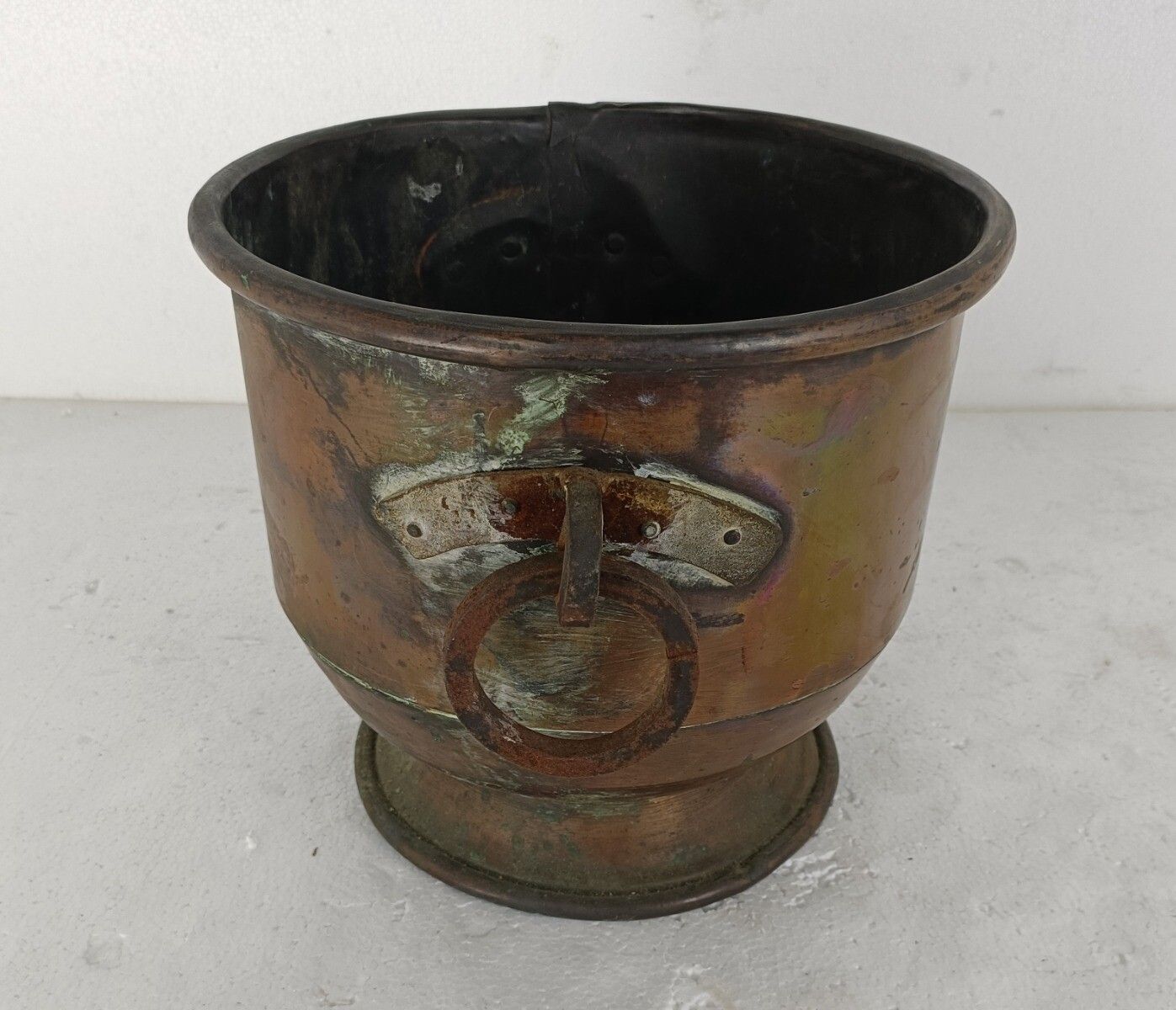 Antique Large Kettle Flower Pot Planter Handles Iron Trims Large Copper Rustic B photo for sale