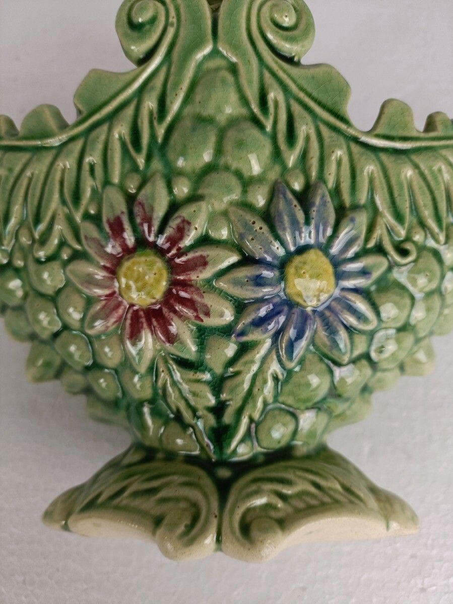 Basket Planter French Pottery Faience Majolica Green Cachepot Lovely Antique photo vinterior