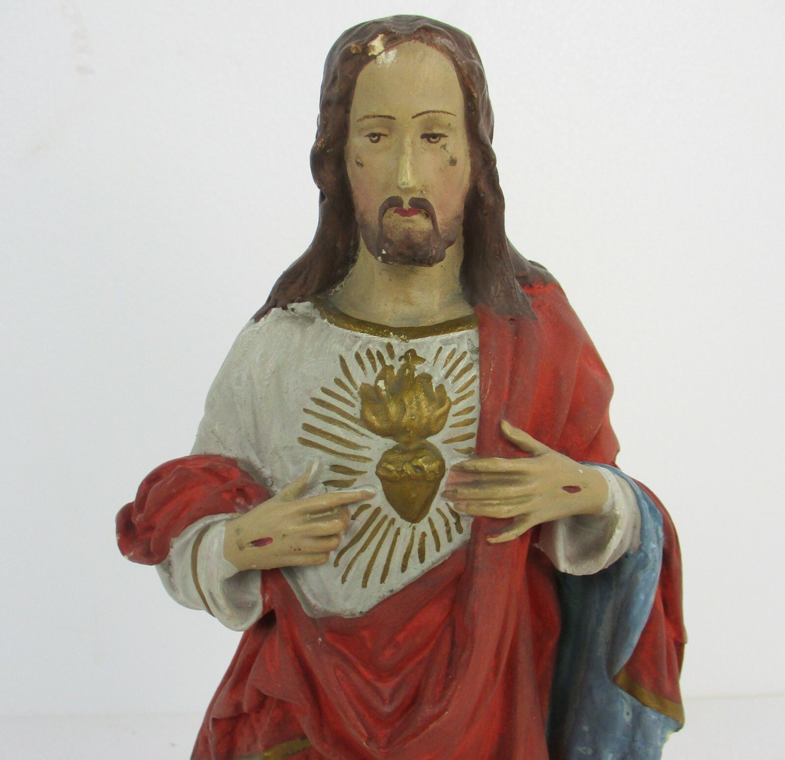 Antique Statue Jesus Christ Savior Sacred Heart Neo Gothic 1900s Plaster 16.53" photo furniture
