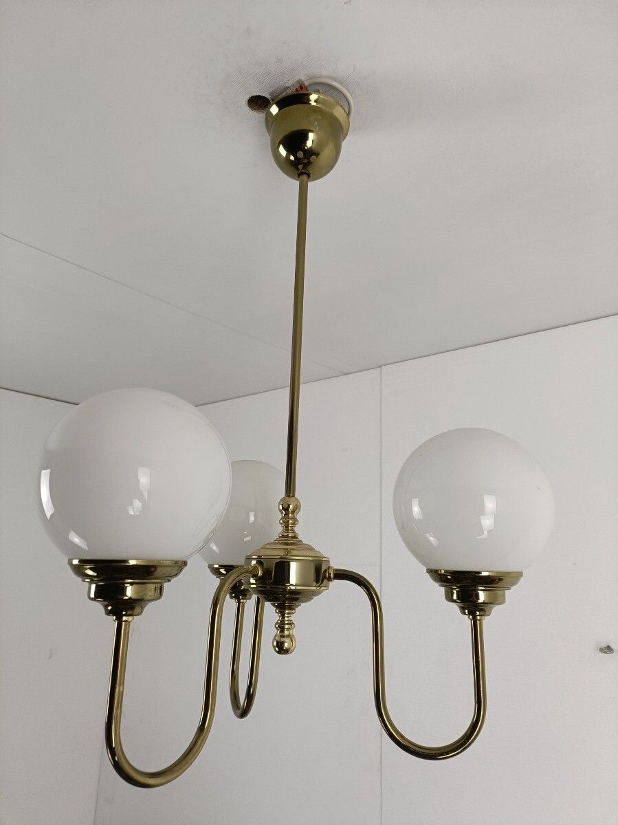 Chandelier Light Fixture Mid Century Modern 3 Arm Glass White Ball Shades Modern photo vintage