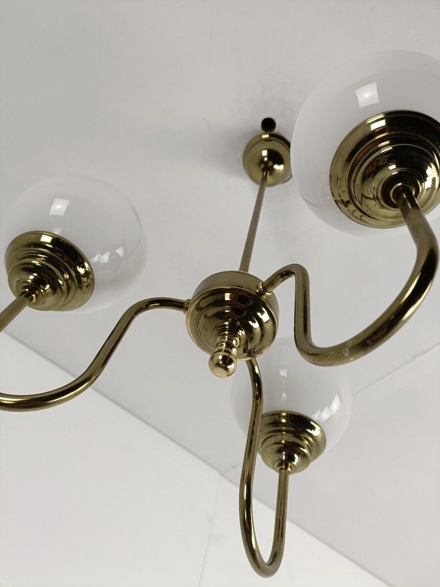 photo for sale Chandelier Light Fixture Mid Century Modern 3 Arm Glass White Ball Shades Modern