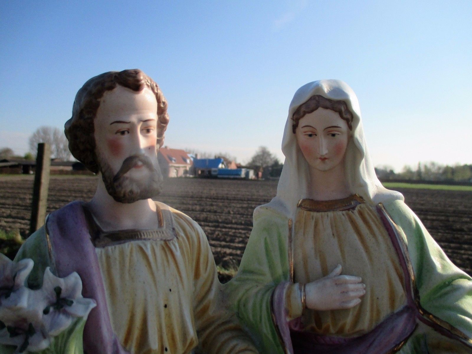Beautiful Statuette Holy Family Saint Joseph Virgin Mary Child  Porcelain Green photo for sale