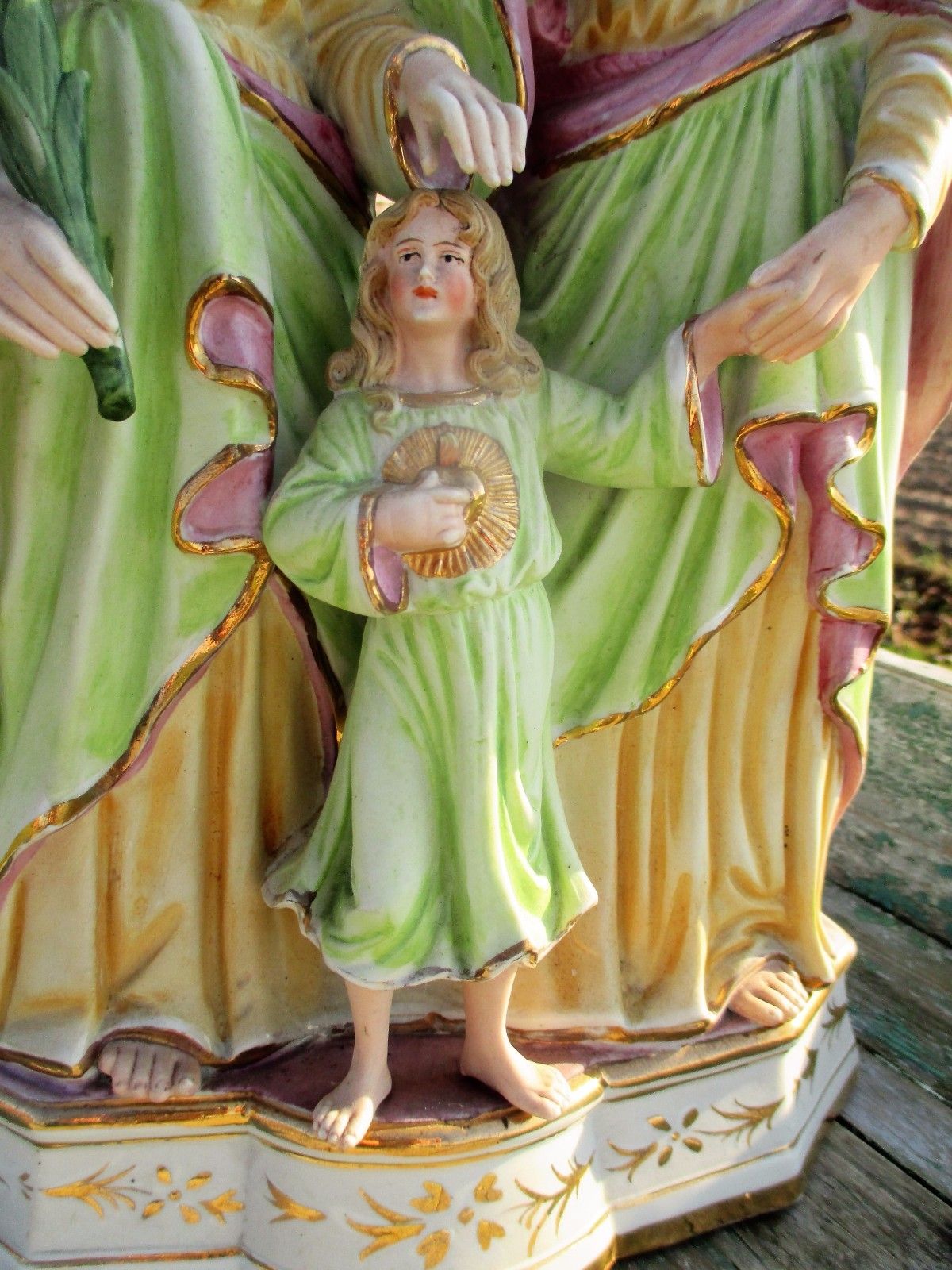 Beautiful Statuette Holy Family Saint Joseph Virgin Mary Child  Porcelain Green photo Home Decor