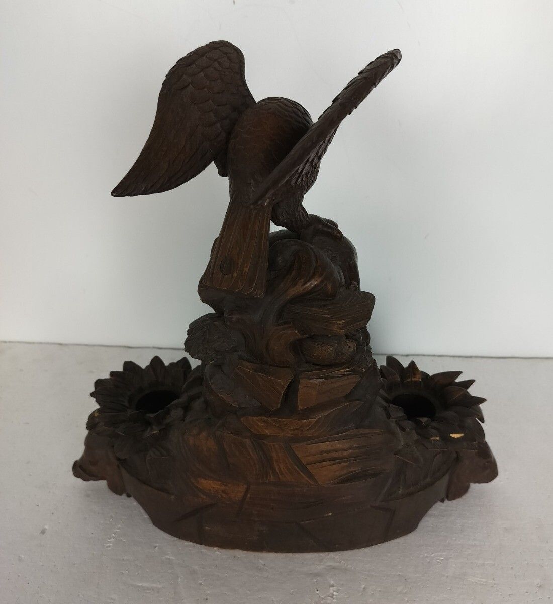 Antique Large Rare Black Forest Wood Carving Inkwell Eagle Forest Animals Stunni photo buy